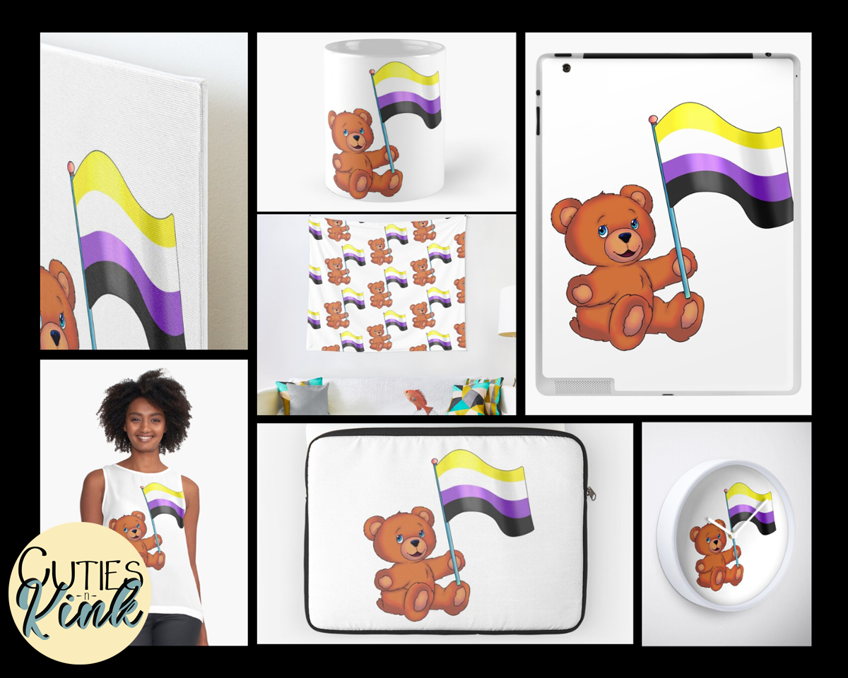 Teddy Bear Stuffie with Non-Binary Pride Flag- Cuties n Kink Merch