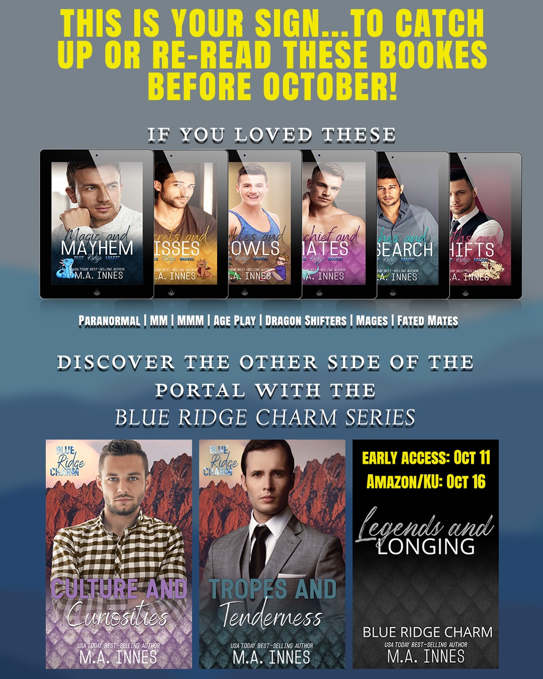 Blue Ridge Magic and Blue Ridge Charm series by MA Innes - Gay Paranormal Romance Series - age play, bdsm, grumpy/sunshine, portal
